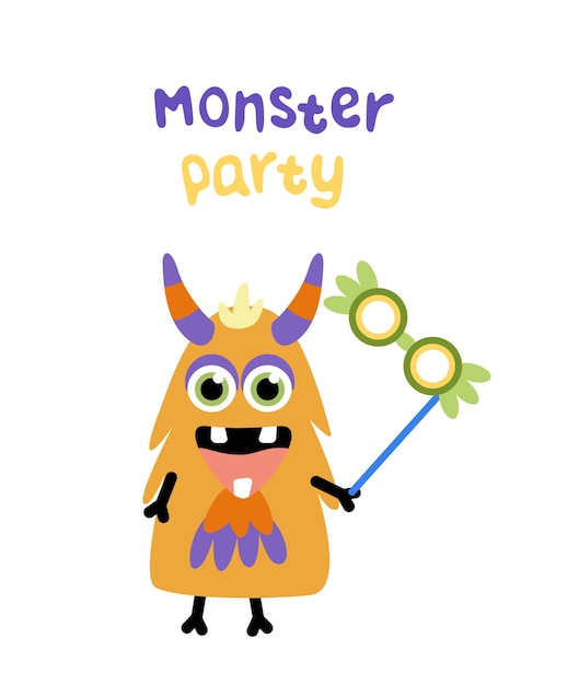 Monster party jolly orange monster with antler and carnival mask flat cartoon vector