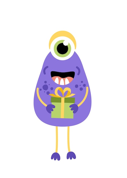 Monster Purple monocular monster with gift Flat cartoon vector