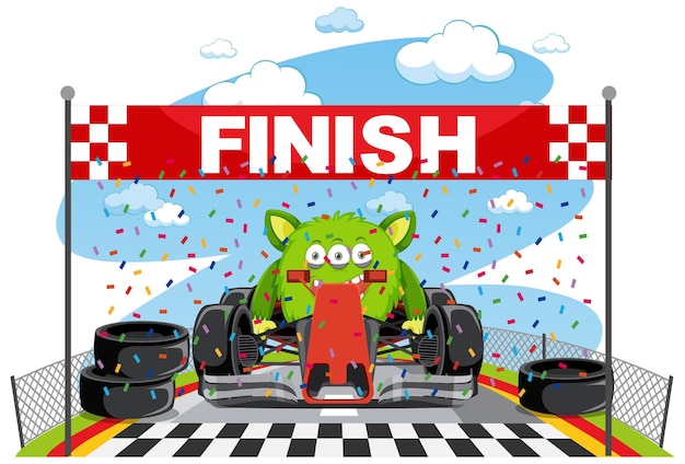 Vector monster racing car reach the finish line