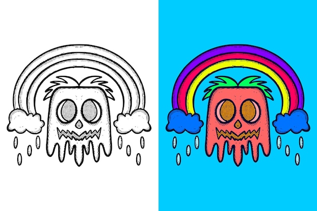 Monster schattig met wolk regenboog Illustratie hand getekende cartoon vintage stijl vector