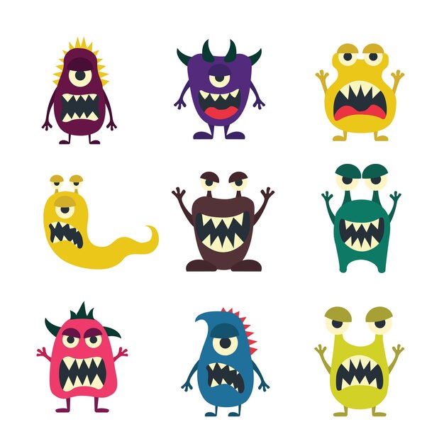 Monster set flat style different color and style isolated on white background for children game, medical poster, hellowen party. Vector Illustration