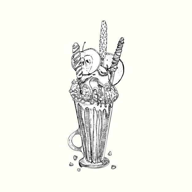 Vettore monster shake dessert isolato sfondo disegnato a mano in bianco e nero arte schizzo stile ciambella al cioccolato gelato caramelle biscotti marshmallow design per ristorante caffetteria menu bar vettore