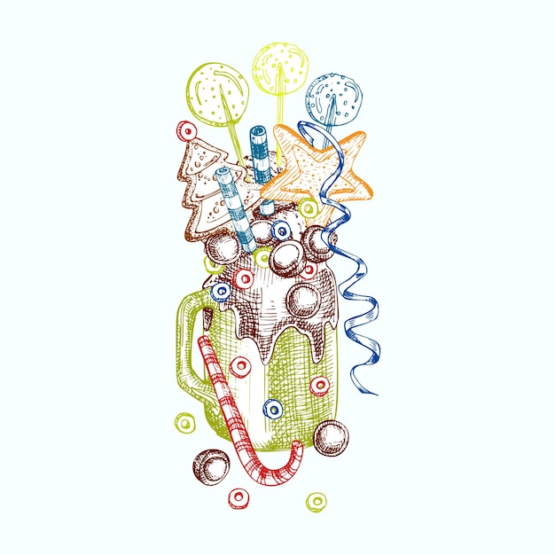Монстр шейк десерт изолированный фон Ручной обращается цвет линии искусства эскиз стиль Шоколадный пончик мороженое конфеты печенье зефир Дизайн для ресторана кафе бар меню Вектор