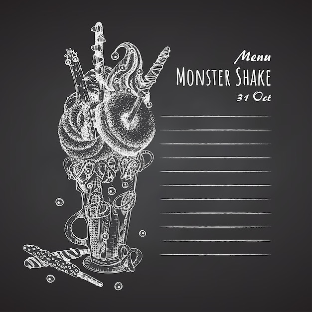 Monster Shake Dessert Menu Krijtbord Achtergrond Hand Getekende Zwart Wit Schets Stijl Chocolade Donut Ijs Snoep Koekjes Marshmallow Ontwerp Voor Restaurant Café Bar