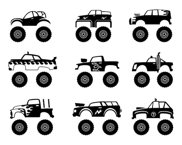 Monster truck. Bright colorful cartoon auto with big wheels. Heavy car with  large tires and black tinted windows. Isolated rally 4x4 computer or mobile  game Stock Vector by ©Designer_things 558772892