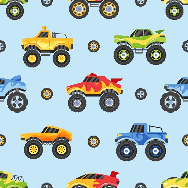 Monster truck seamless pattern featuring various vehicles in bold colors and patterns tiled background for children