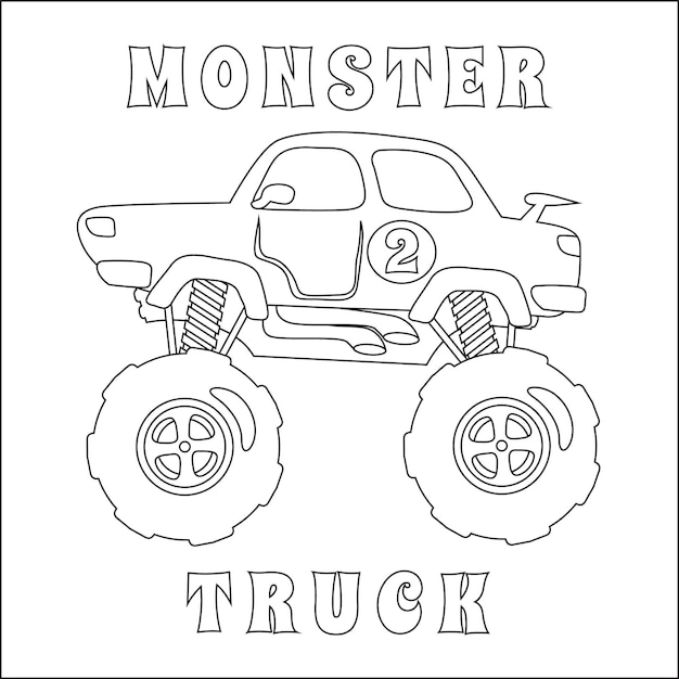 Monster truck with cartoon style for kids activity colouring book or page