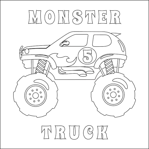 Monster truck with cartoon style for kids activity colouring book or page