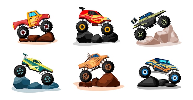 Monster trucks big wheels heavy sport agressive extreme cars vector cartoon trucks illustrations