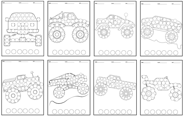 Monster trucks dot markers for kids activity coloring book or page.