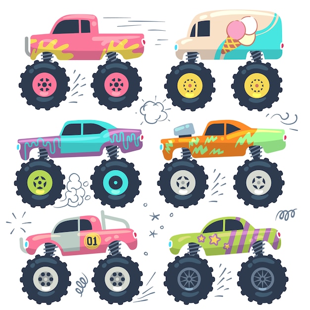 Vettore monster truck. giocattoli per bambini. set di cartoni animati