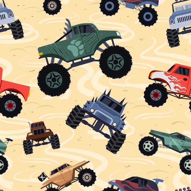 Monster trucks pattern textile design templates for kids room interior with big wheel colored cars for extreme sport Vector seamless background