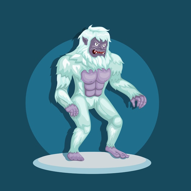 Vector monster yeti aka bigfoot in snow. mythological creature character concept in cartoon illustration