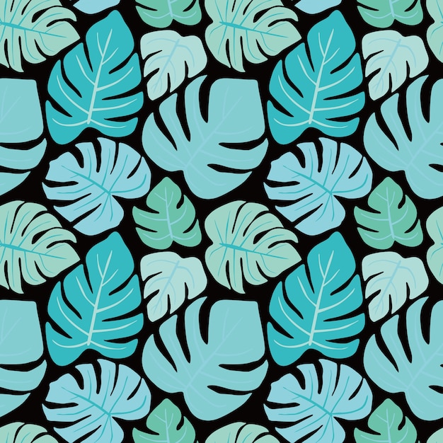 Monstera leaf plant seamless pattern in black  background