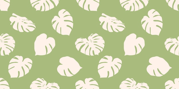 Monstera leaves beige silhouette  pattern on trendy green background. Flat illustration style