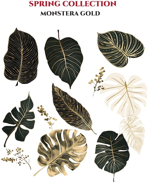 monstera leaves gold green Print