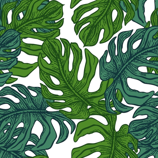 Monstera leaves seamless patternRetro tropical branch in engraving style