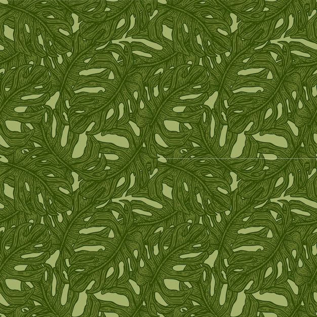 Monstera leaves seamless patternRetro tropical branch in engraving style