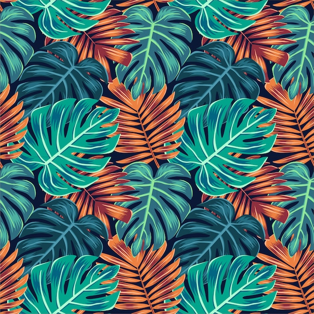 Vector monstera and palm leaves nature seamless pattern