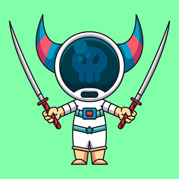 Monsterastronaut met twee katana schattige cartoon pictogramillustratie