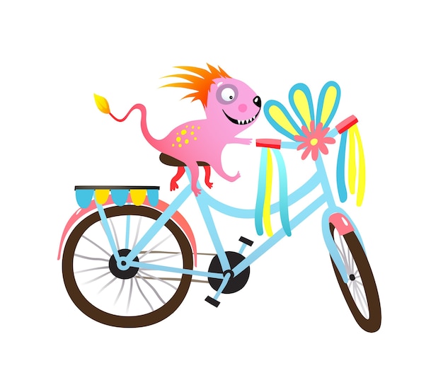 Monsterfiets voor kinderen, versierde parade of festival clipart. eigenzinnig wielrenner wezen karakter en versierde fiets.