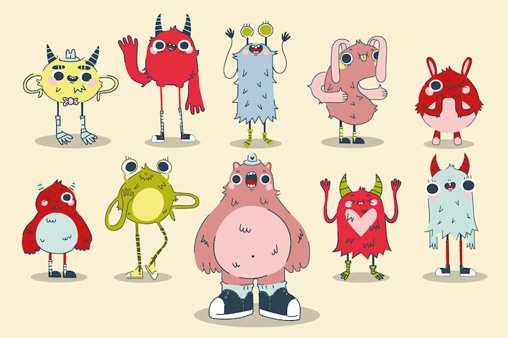 Vector monsters doodle set. collection of hand drawn colorful templates patterns of spooky creatures alliens ugly cyclops beasts mascots angry gremlins. illustration of comic halloween characters symbol.