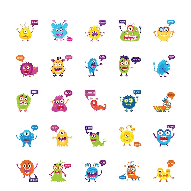 Monsters Growling and Screaming Flat Icons Set