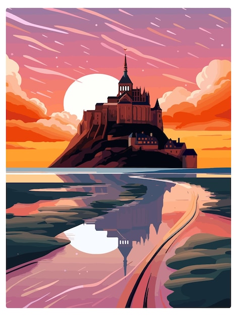 Vector mont saint michel france vintage travel poster souvenir postcard portrait painting wpa illustration