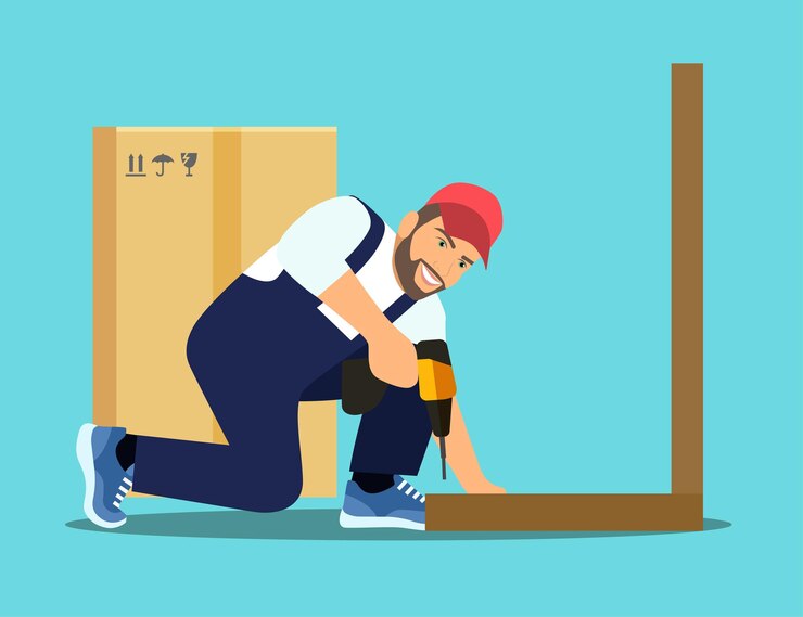 Vector montage van meubels. man met een boor. vector illustratie.