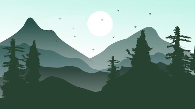 モンテイン風景シルエット フラット イラスト