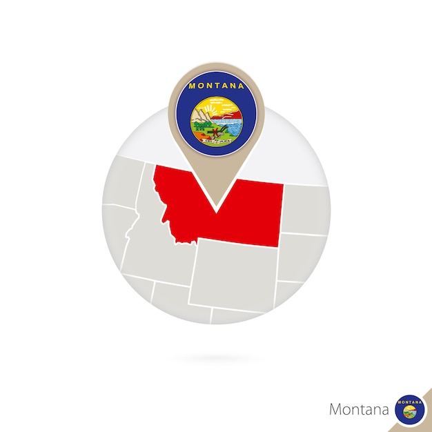 Montana US State map and flag in circle. Map of Montana, Montana flag pin. Map of Montana in the style of the globe. Vector Illustration.