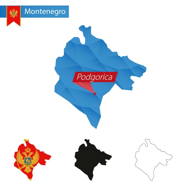 Vector montenegro blue low poly map with capital podgorica