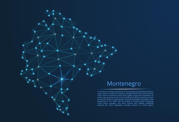 Montenegro communication network map Vector low poly image of a global map with lights