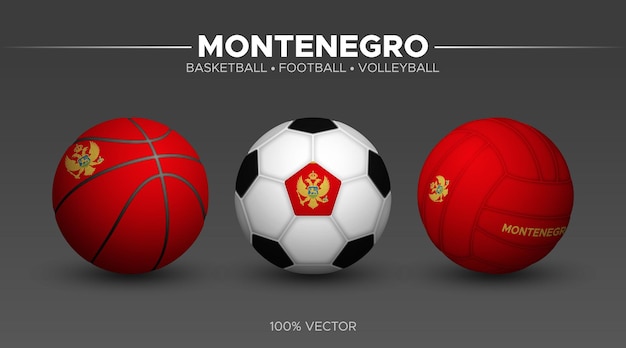 Vettore bandiera del montenegro basket calcio pallavolo palle mockup 3d illustrazione vettoriale sport isolato