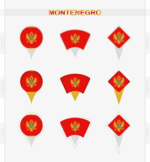 Bandiera del montenegro insieme di icone di posizione pin della bandiera del montenegro