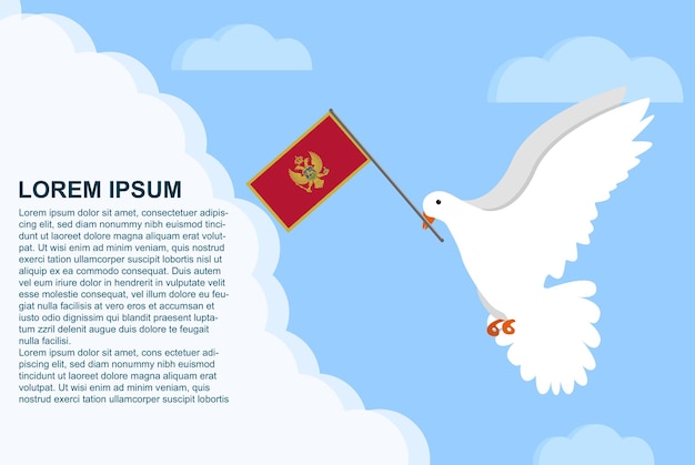 Montenegro peace concept with text area, dove of peace bird with montenegro flag, peace day template