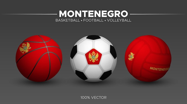 Vector montenegro vlag basketbal voetbal volleybal ballen mockup 3d vector sport illustratie geïsoleerd