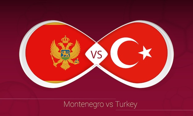 Vector montenegro vs turkey in football competition, group g. versus icon on football background.