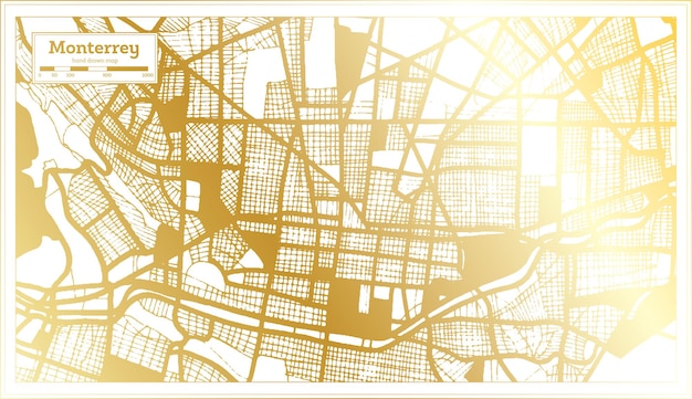 Monterrey Mexico City Map in Retro Style in Golden Color Outline Map