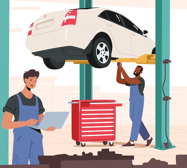 Monteur karakters in blauwe overalls repareren kapotte auto hang op lift. werknemers met laptop en instrumenten onderhoud auto, professionele reparatie garage service. cartoon mensen vectorillustratie