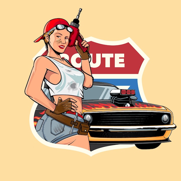 Monteur meisje pin-up embleem stijl