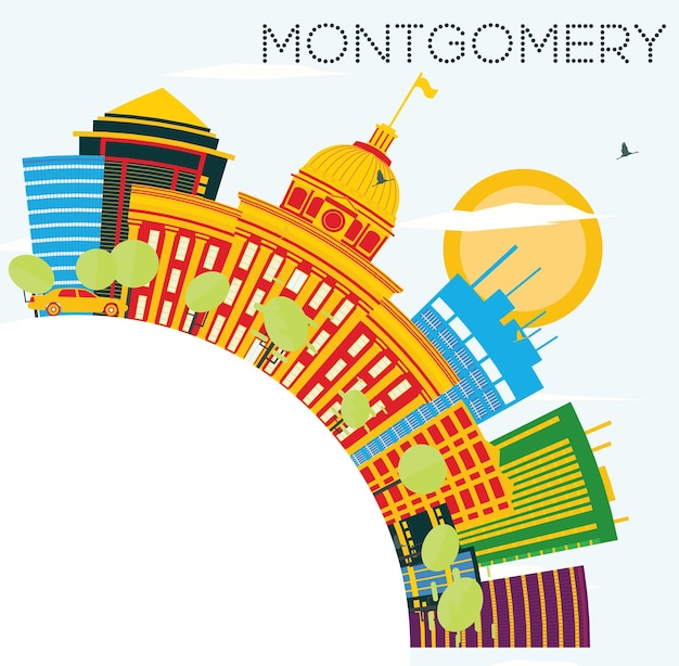 Montgomery usa skyline with color buildings, blue sky and copy space. vector illustration. business travel and tourism concept. image for presentation banner placard and web site.