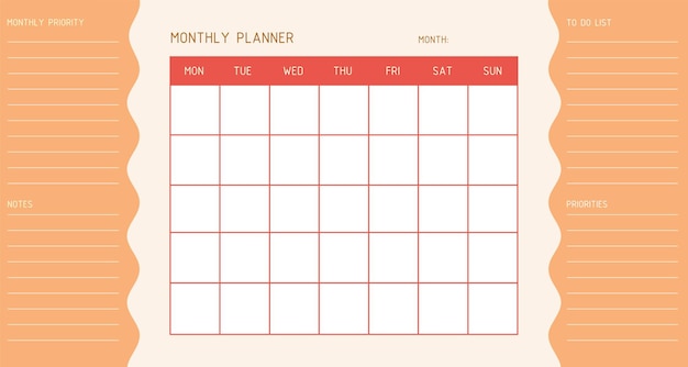 Шаблон месячного планировщика календарь планировщик для ежемесячной организации времени вектор