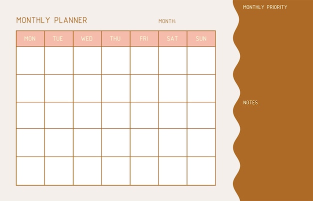 Month planner template Calendar A planner for the monthly organization of time Vector