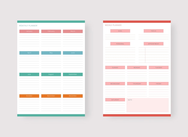ベクトル 月次および週次プランナーテンプレートプランナーとタスクリストのセット