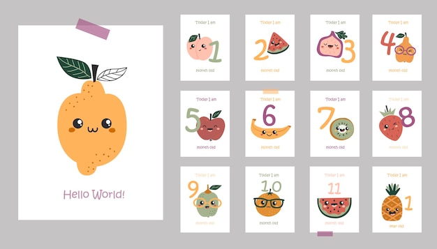 Monthly baby cards with cute kawaii fruits.