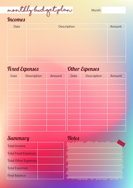 Vector monthly budget plan with gradient background design