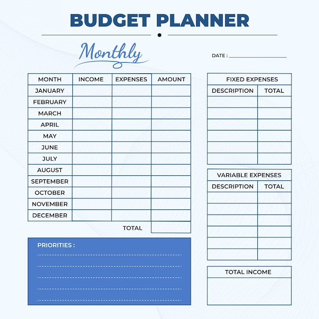 monthly budget planner concept printable template