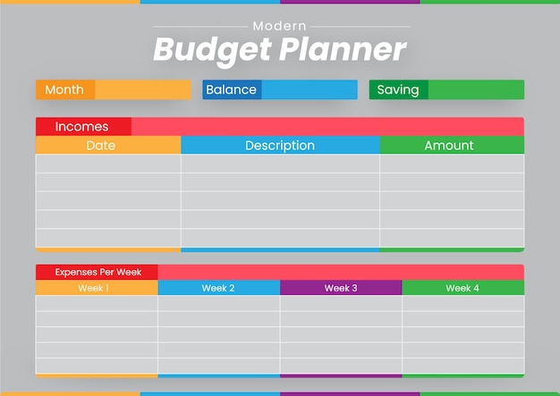 Вектор Шаблон планировщика ежемесячного бюджета в современном стиле