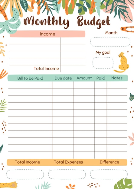 Ежемесячный шаблон планировщика бюджета для печати Лист планировщика бюджета для печати Размер A4 Векторная иллюстрационная бумага украшена листьями джунглей леопарда
